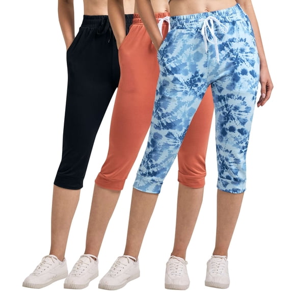 Real Essentials 3-Pack: Women's Ultra Soft Lounge Capri Joggers Sweatpants Athletic Yoga with Pockets(Available in Plus Size)