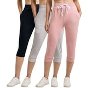 Real Essentials 3-Pack: Women's Ultra Soft Lounge Capri Joggers Sweatpants Athletic Yoga with Pockets(Available in Plus Size)