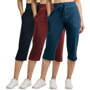 Real Essentials 3-Pack: Women's Capri Open Bottom Soft Sweatpants with Drawstring (Available in Plus Size)