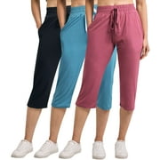 REAL ESSENTIALS 3-Pack: Women's Capri Open Bottom Soft Sweatpants with Drawstring (Available in Plus Size)