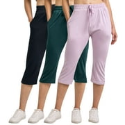 REAL ESSENTIALS 3-Pack: Women's Capri Open Bottom Soft Sweatpants with Drawstring (Available in Plus Size)