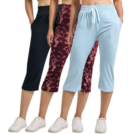 Real Essentials 3-Pack: Women's Capri Open Bottom Soft Sweatpants with Drawstring (Available in Plus Size)