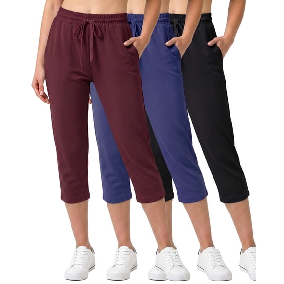Real Essentials 3 Pack: Women's Capri Open Bottom Sweatpants - Casual Lounge Athletic Workout Yoga Pants with Pockets (Plus)