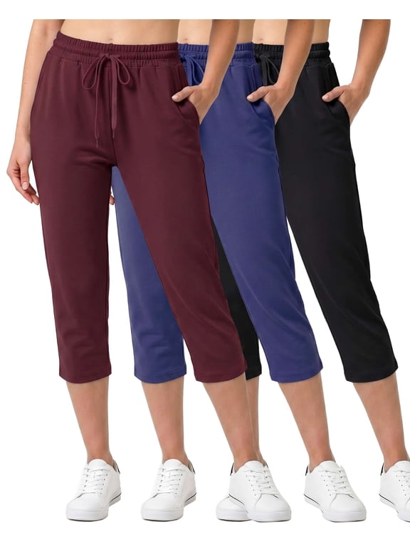 3 Pack: Women's Capri Open Bottom Sweatpants - Casual Lounge Athletic Workout Yoga Pants with Pockets (Plus)