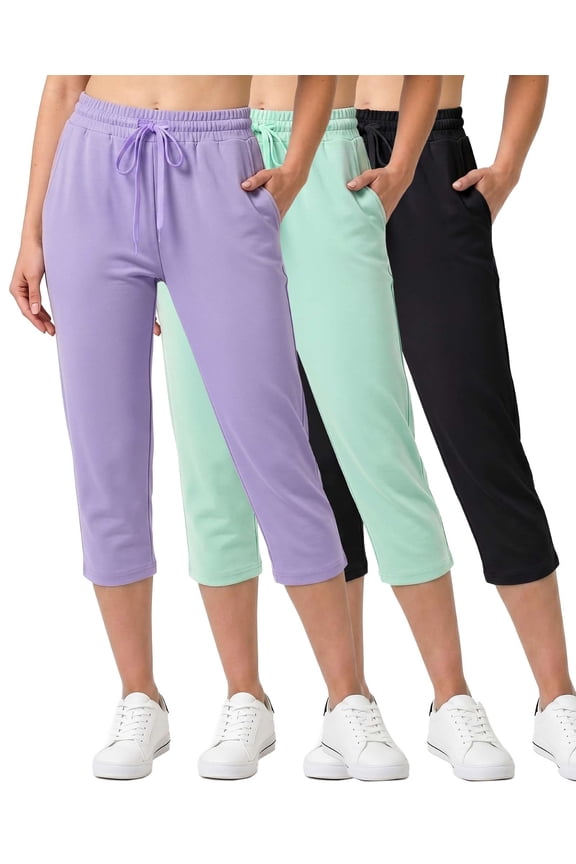 3 Pack: Women's Capri Open Bottom Sweatpants - Casual Lounge Athletic Workout Yoga Pants with Pockets (Plus)
