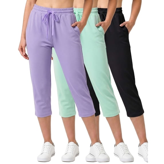 Real Essentials 3 Pack: Women's Capri Open Bottom Sweatpants - Casual Lounge Athletic Workout Yoga Pants with Pockets (Plus)