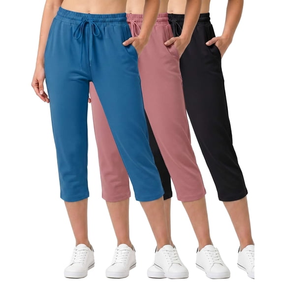Real Essentials 3 Pack: Women's Capri Open Bottom Sweatpants - Casual Lounge Athletic Workout Yoga Pants with Pockets (Plus)