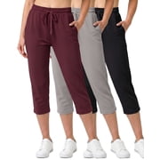 Real Essentials 3 Pack: Women's Capri Open Bottom Sweatpants - Casual Lounge Athletic Workout Yoga Pants with Pockets (Plus)
