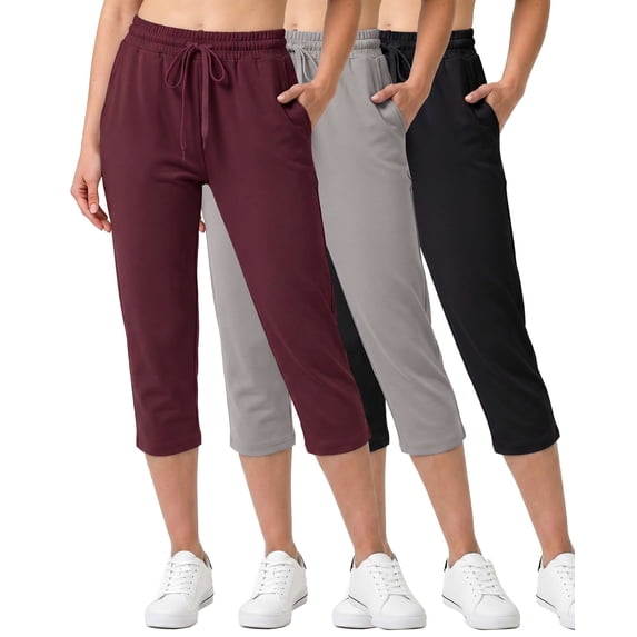 Real Essentials 3 Pack: Women's Capri Open Bottom Sweatpants - Casual Lounge Athletic Workout Yoga Pants with Pockets (Plus)