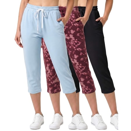 Real Essentials 3 Pack: Women's Capri Open Bottom Sweatpants - Casual Lounge Athletic Workout Yoga Pants with Pockets (Plus)