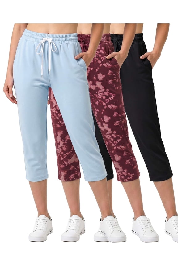 3 Pack: Women's Capri Open Bottom Sweatpants - Casual Lounge Athletic Workout Yoga Pants with Pockets (Plus)