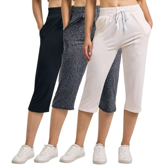Real Essentials 3-Pack: Women's Capri Open Bottom Soft Sweatpants with Drawstring (Available in Plus Size)