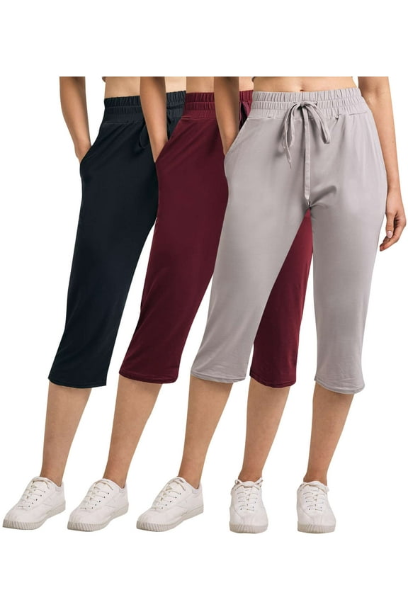 3 Pack: Women's Capri Open Bottom Sweatpants - Casual Lounge Athletic Workout Yoga Pants with Pockets (Plus)