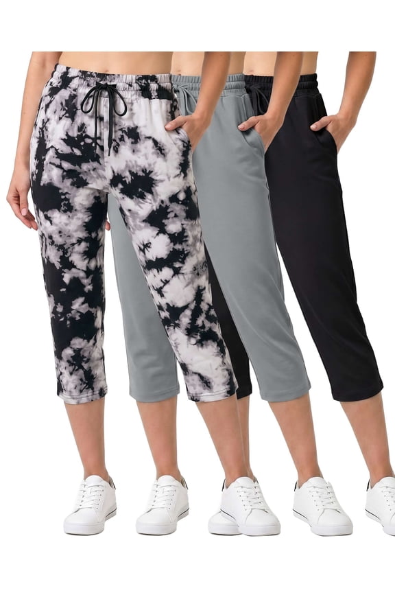 3 Pack: Women's Capri Open Bottom Sweatpants - Casual Lounge Athletic Workout Yoga Pants with Pockets (Plus)