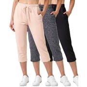 Real Essentials 3 Pack: Women's Capri Open Bottom Sweatpants - Casual Lounge Athletic Workout Yoga Pants with Pockets (Plus)