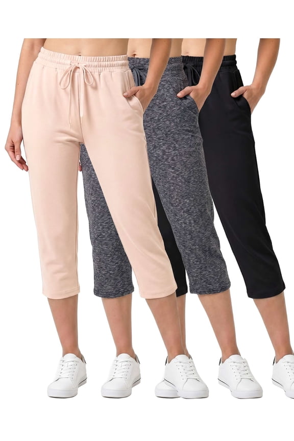 3 Pack: Women's Capri Open Bottom Sweatpants - Casual Lounge Athletic Workout Yoga Pants with Pockets (Plus)
