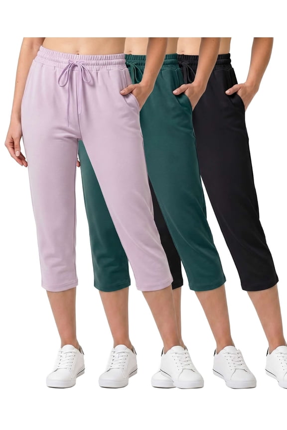 3 Pack: Women's Capri Open Bottom Sweatpants - Casual Lounge Athletic Workout Yoga Pants with Pockets (Plus)