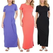 REAL ESSENTIALS 3-Pack: Women’s Casual Short Sleeve Maxi Dress – Summer Dress with Slit & Pockets (Available in Plus Size)