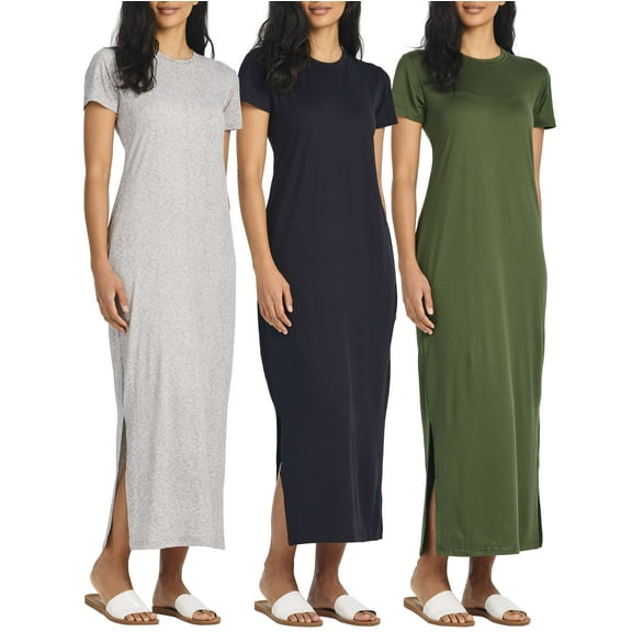 3-Pack: Women’s Casual Short Sleeve Maxi Dress – Summer Dress with Slit & Pockets (Available in Plus Size)