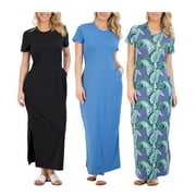 3-Pack: Women’s Casual Short Sleeve Maxi Dress – Summer Dress with Slit & Pockets (Available in Plus Size)