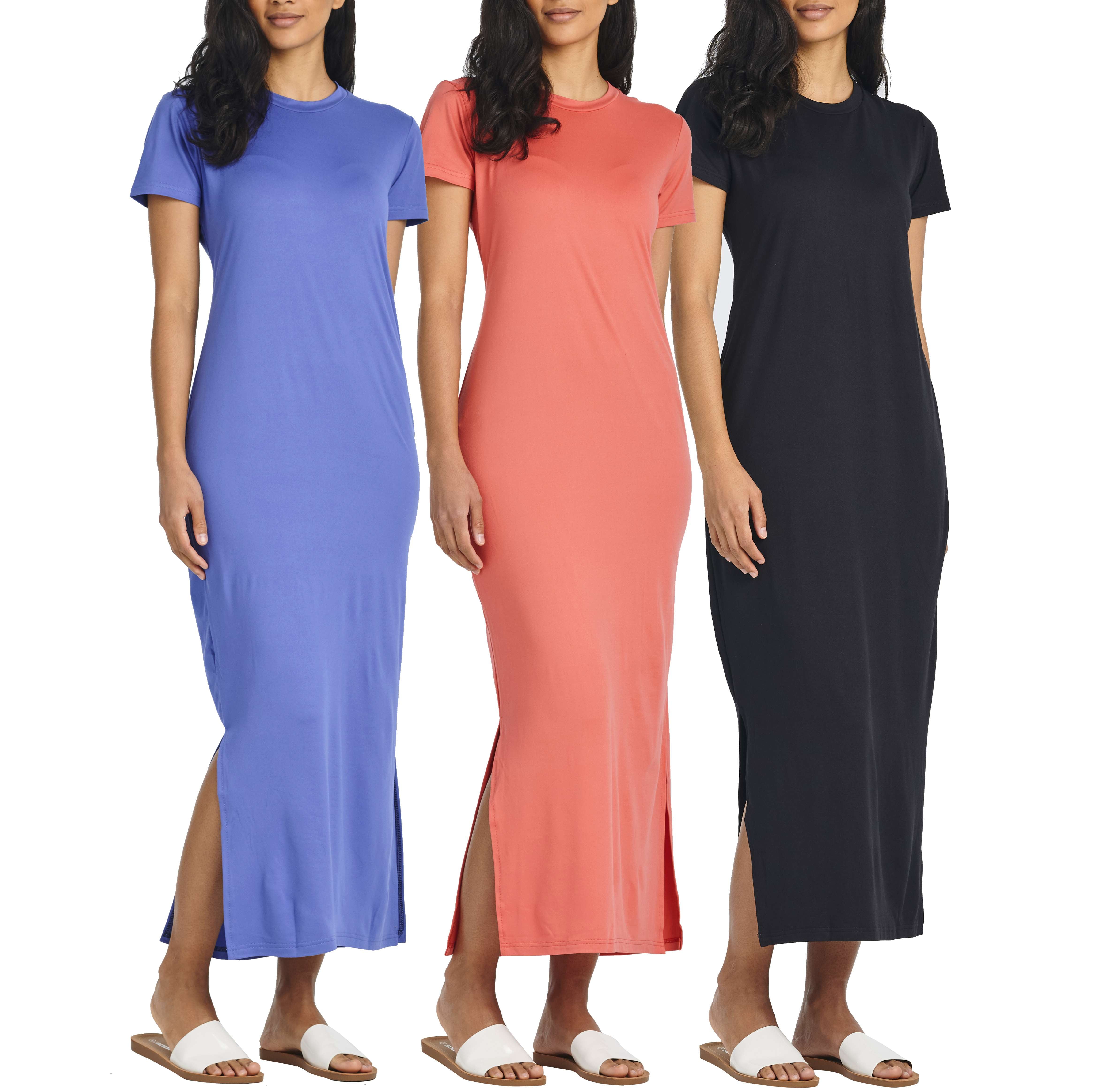 Real Essentials 3-Pack: Women's Short Sleeve Maxi Dresses with Slit ...