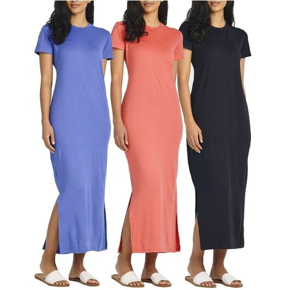 3-Pack: Women’s Casual Short Sleeve Maxi Dress – Summer Dress with Slit & Pockets (Available in Plus Size)