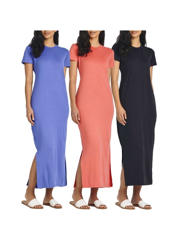 3-Pack: Women’s Casual Short Sleeve Maxi Dress – Summer Dress with Slit & Pockets (Available in Plus Size)