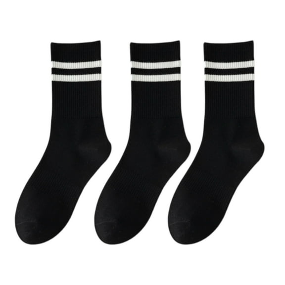 3-Pack Women's Cotton Crew Socks with Sporty Double Stripe Design in Assorted Colors, Black