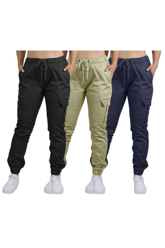 3-Pack Women's Cotton Flex Stretch Cargo Jogger Pants (Sizes, S-2XL)