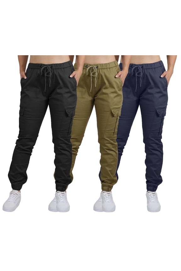 3-Pack Women's Cotton Flex Stretch Cargo Jogger Pants (Sizes, S-2XL)