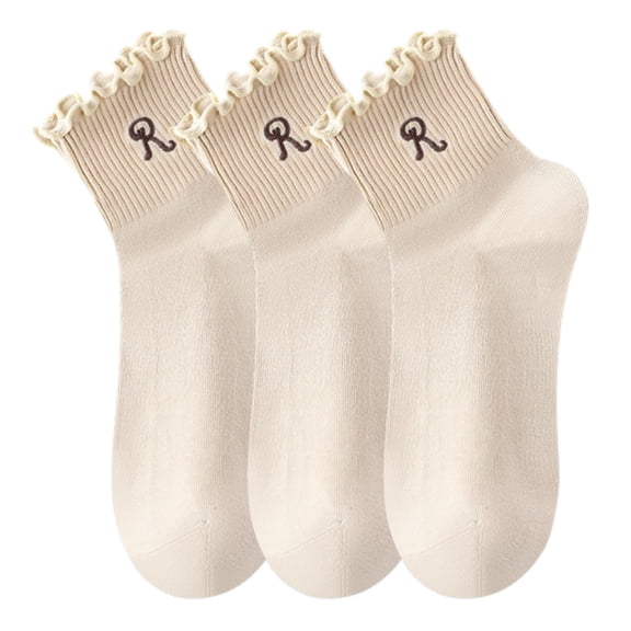 3-Pack Women's Crew Socks with Ruffle Lettuce Edge Trim and Delicate Embroidered Detail, Beige