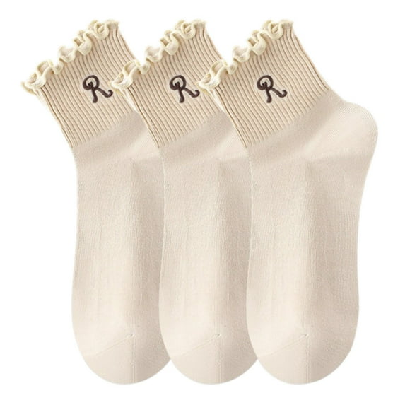3-Pack Women's Crew Socks with Ruffle Lettuce Edge Trim and Delicate Embroidered Detail, Beige