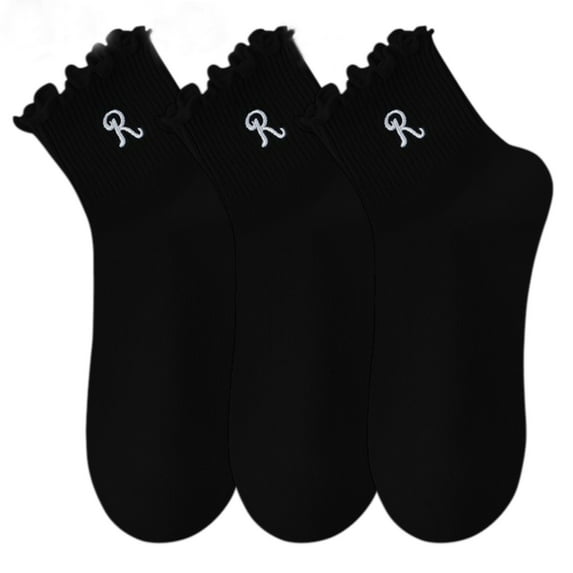 3-Pack Women's Crew Socks with Ruffle Lettuce Edge Trim and Delicate Embroidered Detail, Black
