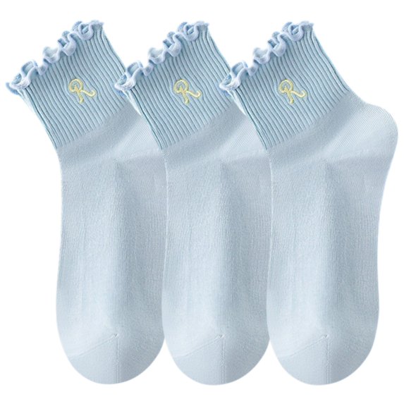 3-Pack Women's Crew Socks with Ruffle Lettuce Edge Trim and Delicate Embroidered Detail, Blue