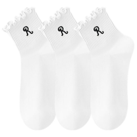 3-Pack Women's Crew Socks with Ruffle Lettuce Edge Trim and Delicate Embroidered Detail, White