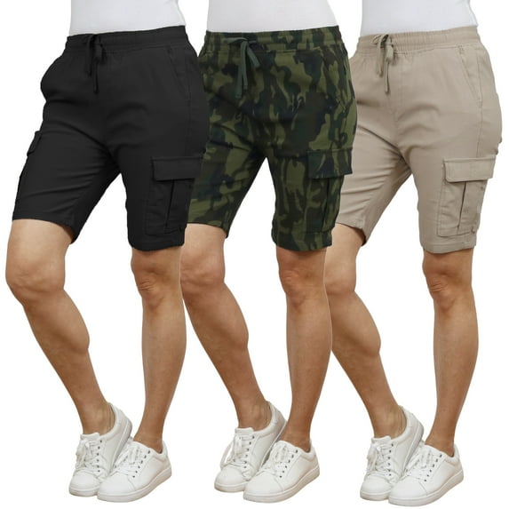 3-Pack Women’s Flex Cargo Shorts with Elastic Waistband and Drawstring – Comfortable Fit with 6 Pockets and Stretch Fabric (S-2XL)