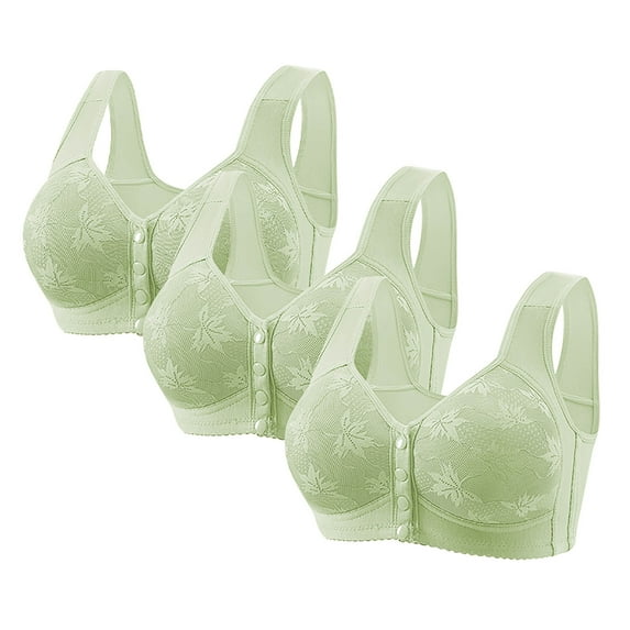 3 Pack Women's Front Closure Bra Plus Size No Underwire Full Coverage Daisy Bras Plaid Comfortable Support Push Up Bras (XL, Green-1)