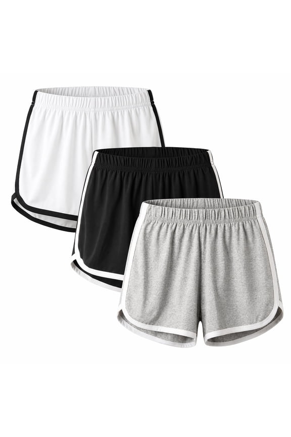 3 Pack Women's High Waist Athletic Shorts, Retro Contrast Binding Stretchy Breathable Workout Shorts for Women, Soft Cotton Blend Running Yoga Lounge Dolphin Hem Active Shorts