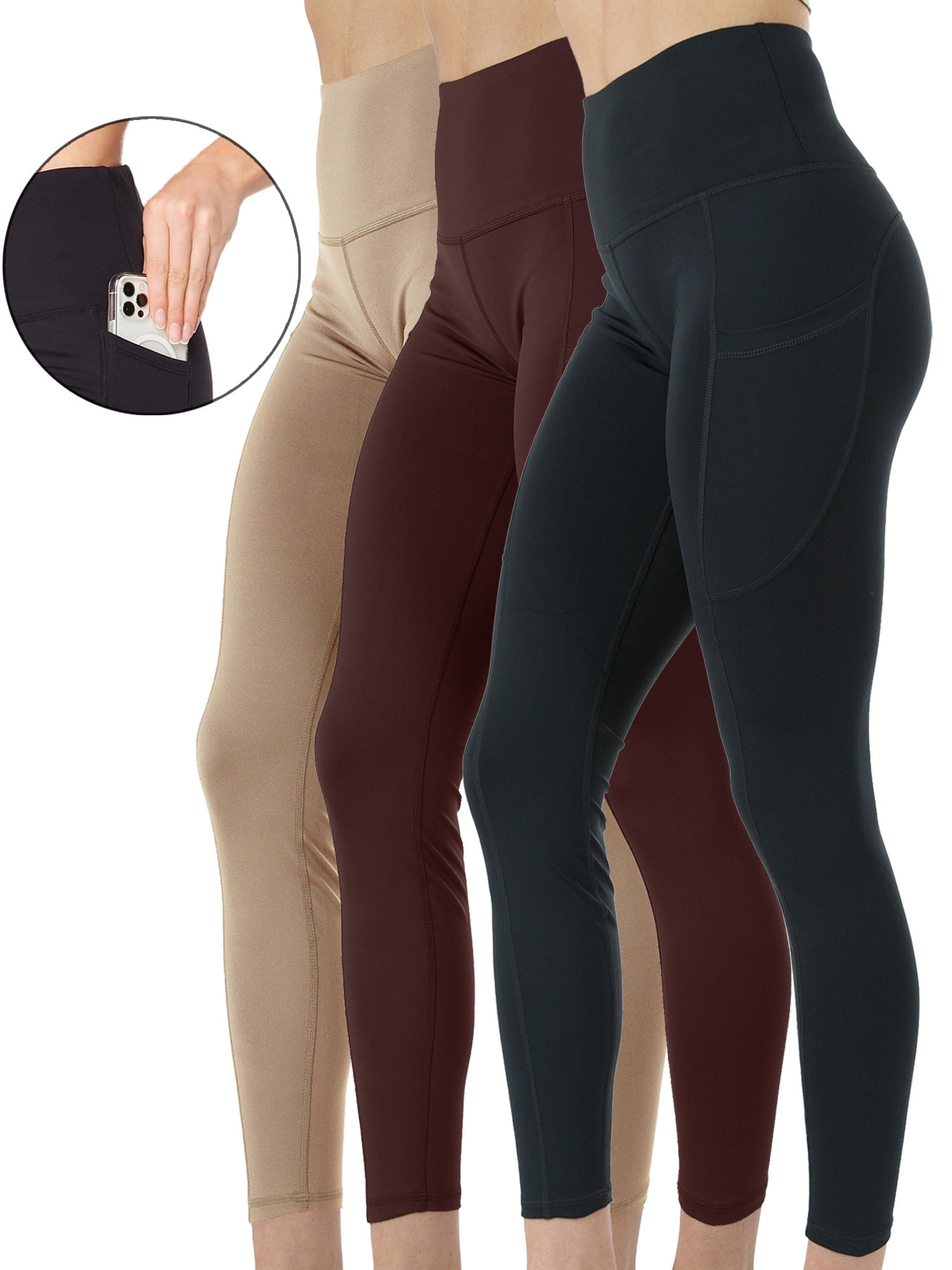 3-Pack Women's High Waist Yoga Leggings with Two Side Pockets Sports Legging Pants