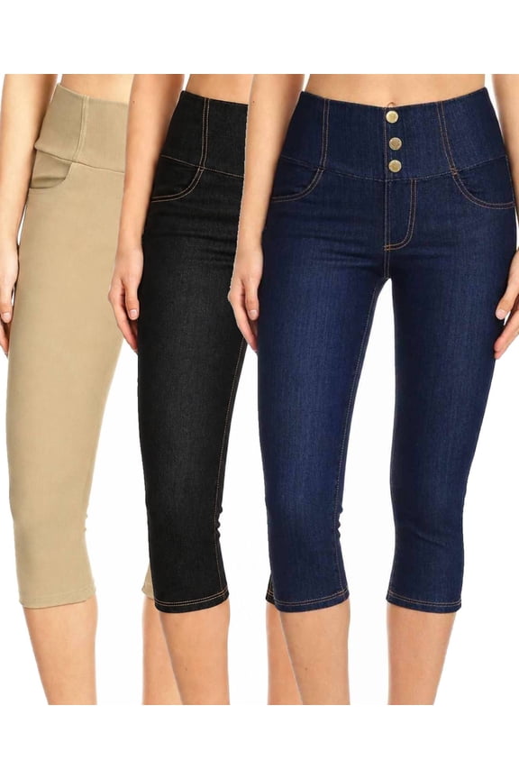 3 Pack Women's High Waisted Capri Jegging Stretch Knit Denim Capris Size S -3XL Inseam 19"
