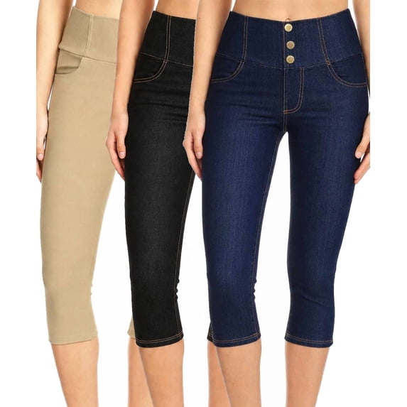 3 Pack Women's High Waisted Capri Jegging Stretch Knit Denim Capris Size S -3XL Inseam 19"