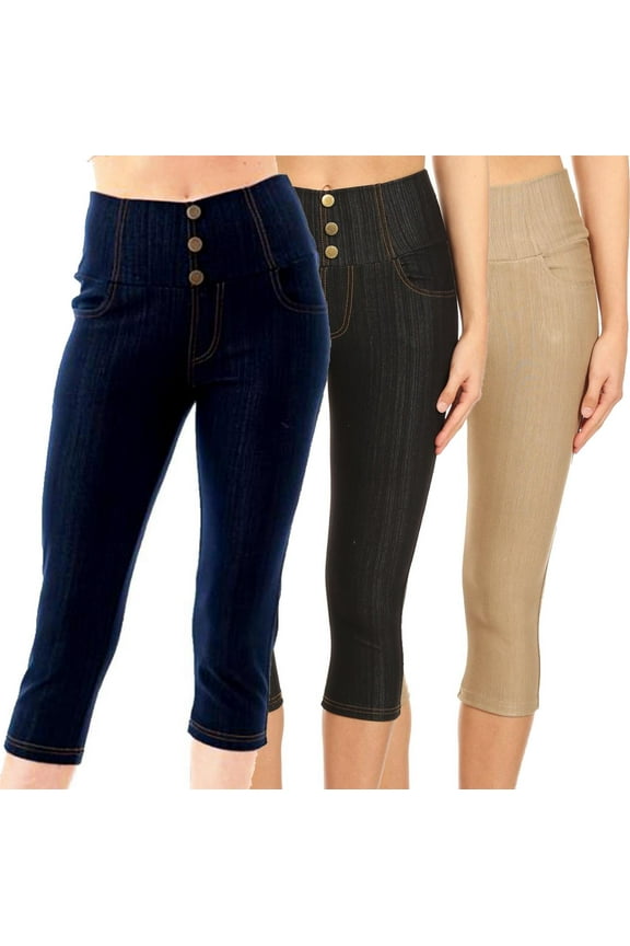 3 Pack Women's High Waisted Capri Jegging Stretch Knit Denim Capris Size S -3XL Inseam 19"