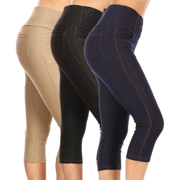 3 Pack Women's High Waisted Capri Jegging Stretch Knit Denim Capris Size S -3XL Inseam 19"