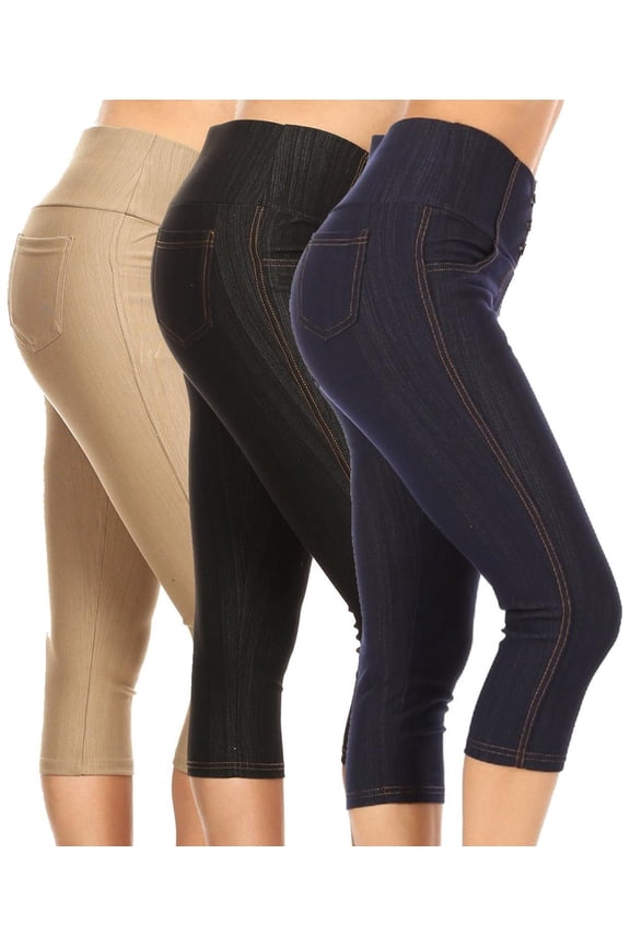 3 Pack Women's High Waisted Capri Jegging Stretch Knit Denim Capris Size S -3XL Inseam 19"