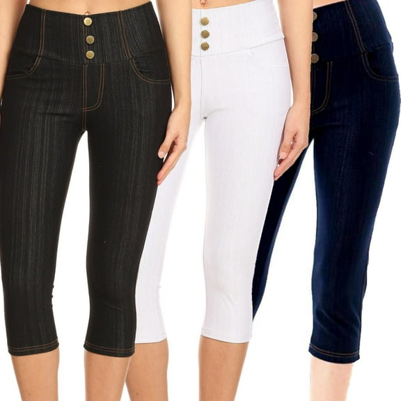 3 Pack Women's High Waisted Capri Jegging Stretch Knit Denim Capris Size S -3XL Inseam 19"