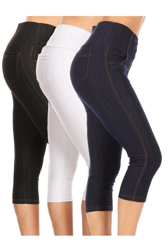 3 Pack Women's High Waisted Soft Capri Jegging Stretchy Knit Denim Capris Size S -3XL Inseam 19"