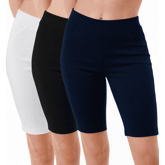3 Pack Women's Knee Length Bermuda Shorts Pull On Elastic Waist Stretch Fit Side Slit Size S-3XL