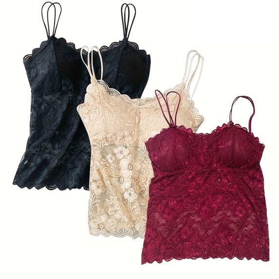 3 Pack Women's Lace Camisole Vest - Breathable Spaghetti Strap Tank Top Basic Cami Undershirt Tops Seamless Beauty Back Top with Built-in Bra, M-2XL