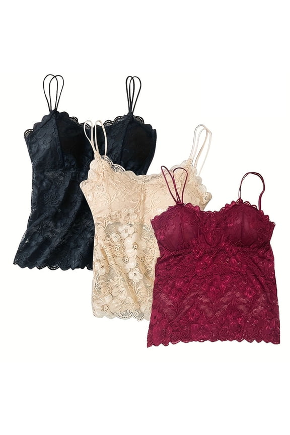 3 Pack Women's Lace Camisole Vest - Breathable Spaghetti Strap Tank Top Basic Cami Undershirt Tops Seamless Beauty Back Top with Built-in Bra, M-2XL