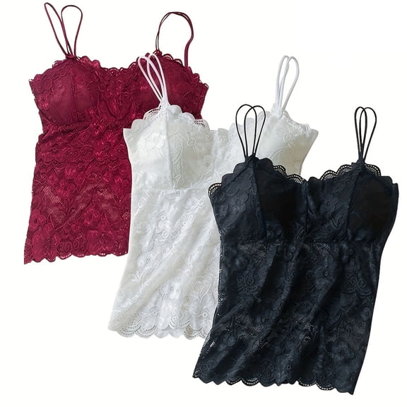 3 Pack Women's Lace Camisole Vest - Breathable Spaghetti Strap Tank Top Basic Cami Undershirt Tops Seamless Beauty Back Top with Built-in Bra, M-2XL